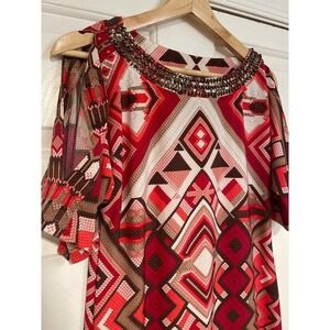 S 4 Beaded Stretch Bold Chicos Geometric Print Dress Split Sleeve Red Statement